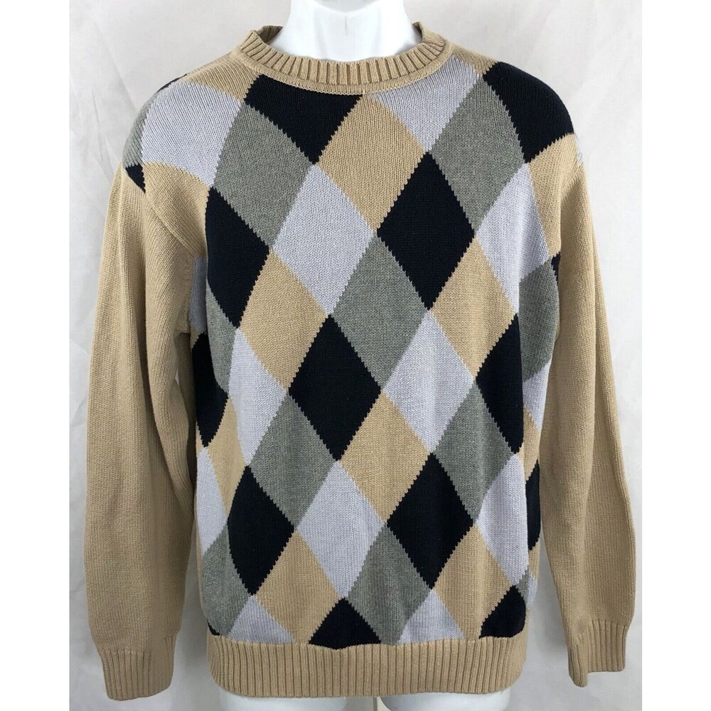 Vtg Geoffrey Beene pullover crewneck sweater M tan blue argyle Academia Preppy
